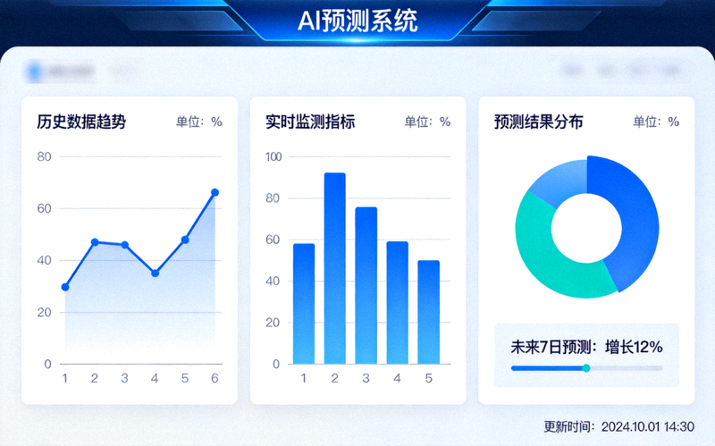 AI预测系统用户仪表盘界面，展示可视化数据图表与预测结果