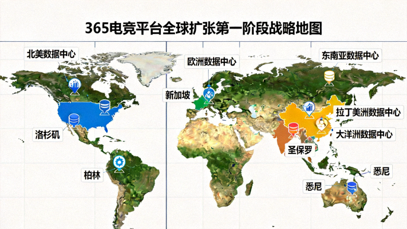 365电竞平台全球扩张第一阶段战略地图，标注了北美、欧洲、东南亚、拉丁美洲及大洋洲的数据中心位置
