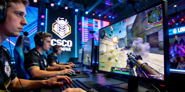 CSGO Major锦标赛现场，展示选手专注比赛和紧张刺激的对抗画面